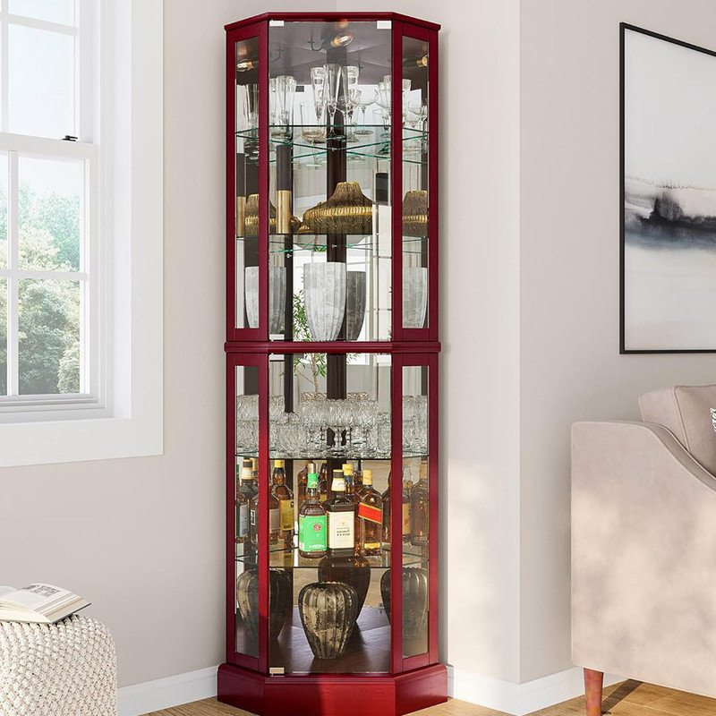 Lighted Corner Display Curio Cabinet Wooden Curved Shelving Unit with Tempered Glass Door Bar and Liquor Storage Area with 6 Shelves Latitude Run